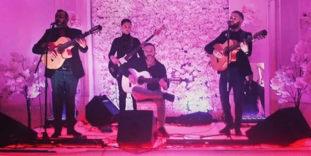 Musiciens sur une scène éclairée en rose